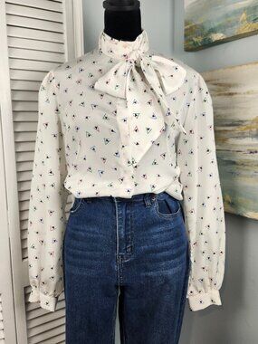 VTG Austin Hill Vintage Button Front Top 8/M Neck Tie Bow 80s Print USA made